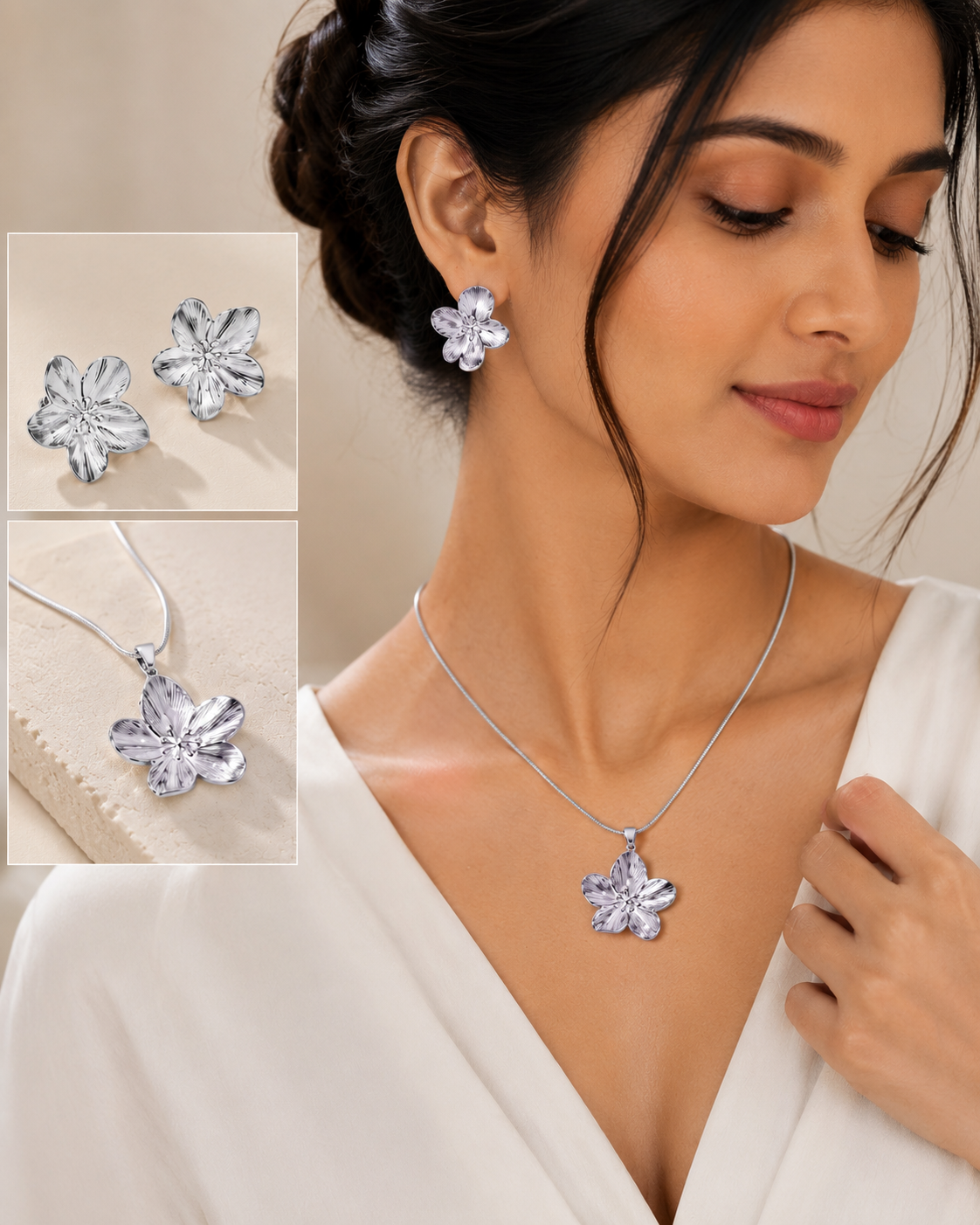 Silver Blossom Statement Set