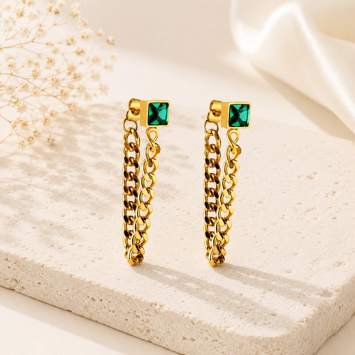 Emerald Chain Drop Earrings